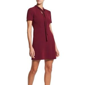 Theory Cranberry Wine Tie Neck Dress with Short Sleeves and Bow Neck